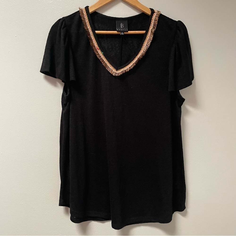 Bobeau Black Top Blouse Cap Sleeves Front V neck Cap Sleeve Boho 1X